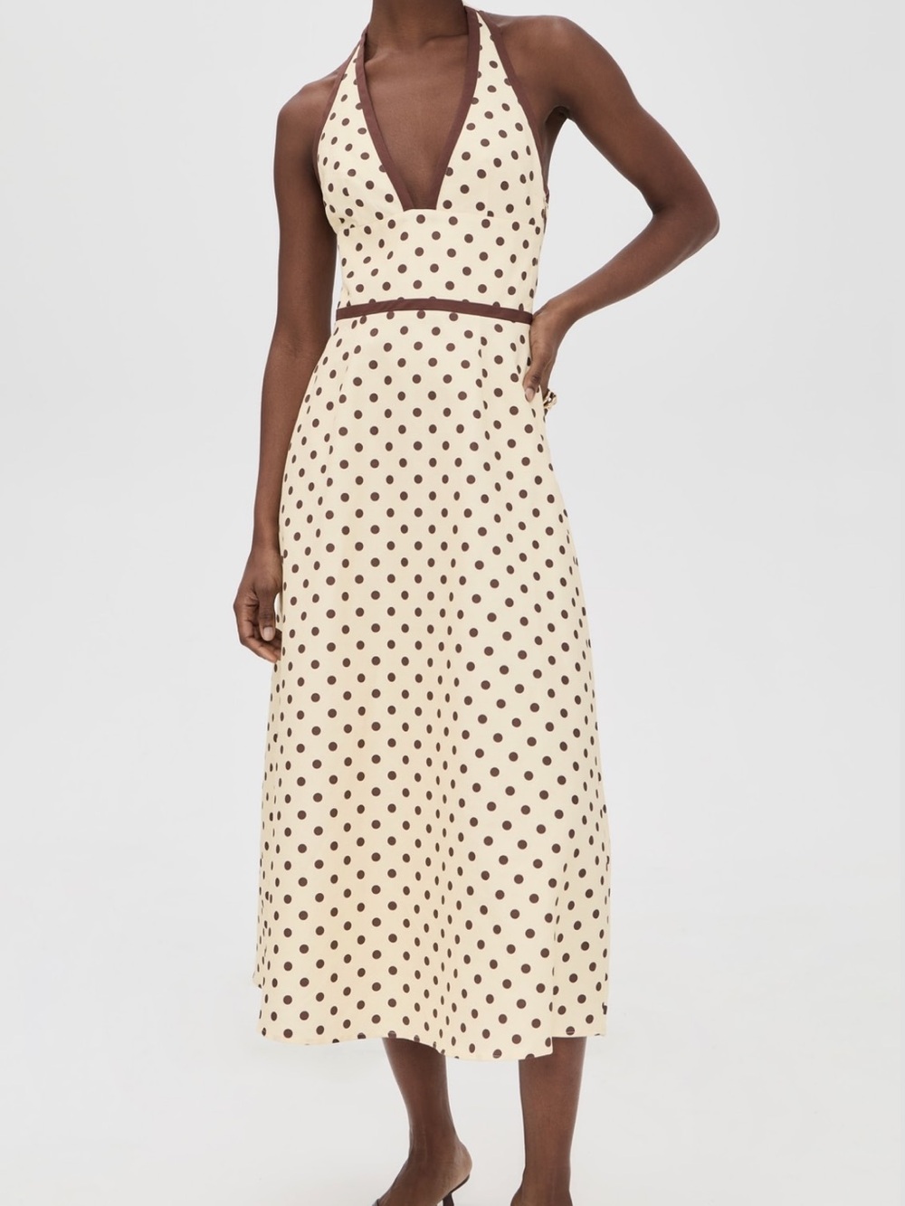 Posse Cream Polka Dot Halter Midi Dress with Brown Trim